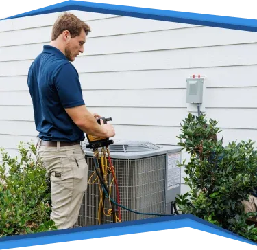 All American Heating, Air & Plumbing technician servicing an outdoor AC unit