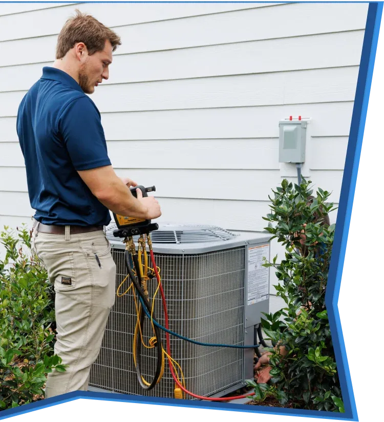 All American Heating, Air & Plumbing technician servicing an outdoor AC unit