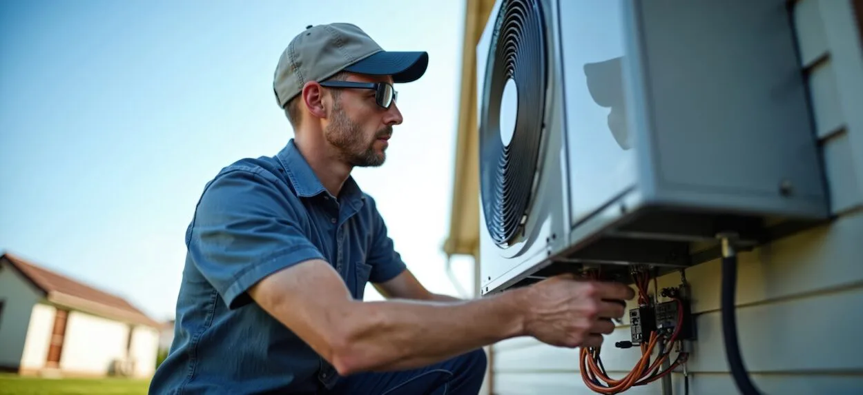 HVAC technician servicing an outdoor mini-split condenser unit