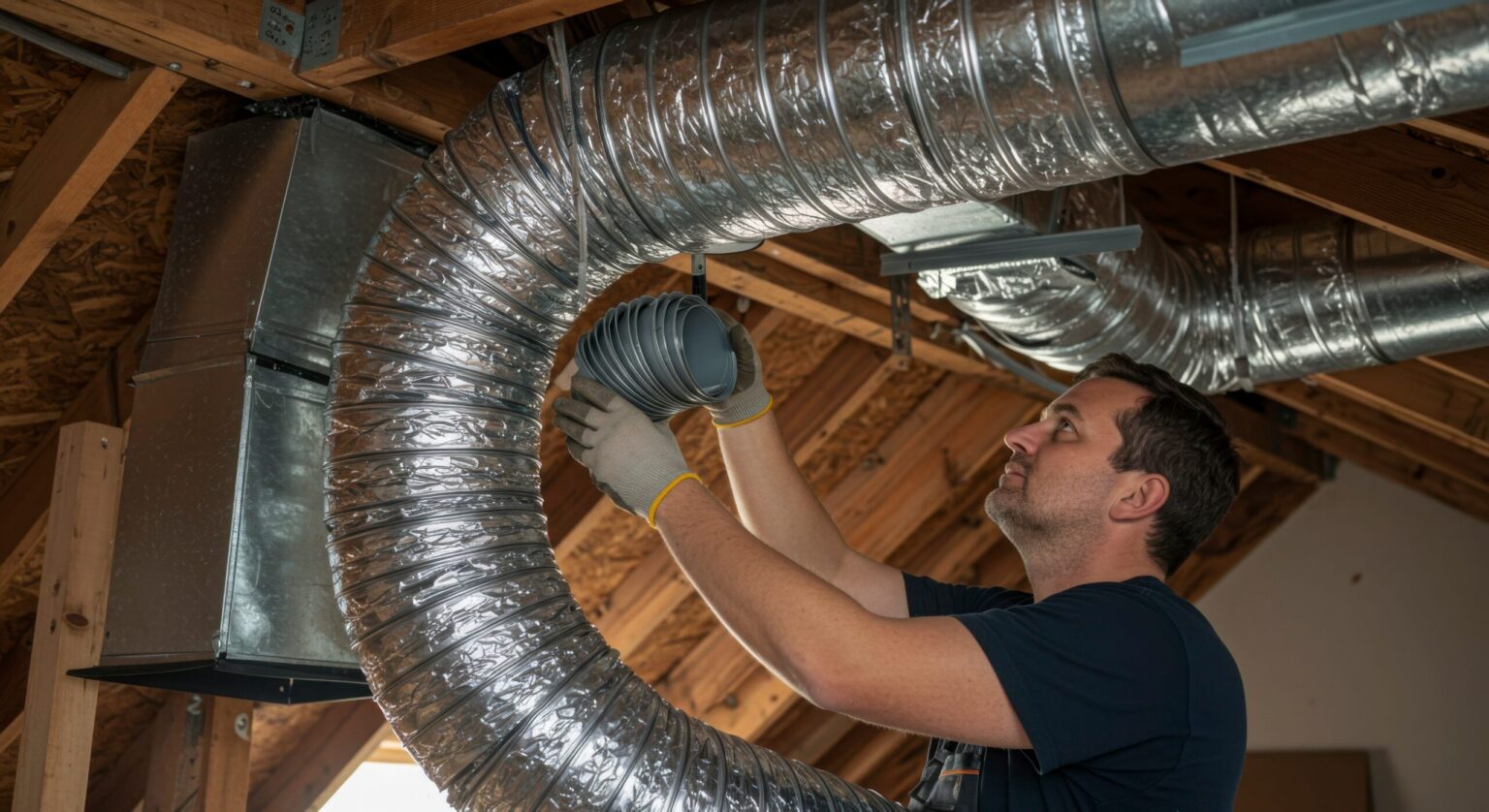 HVAC Technician installing ductwork in attic