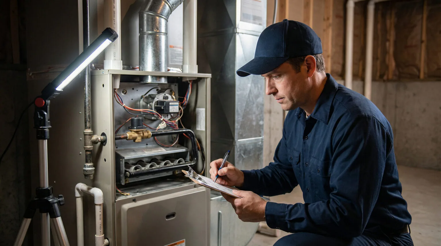 Professional HVAC technician inspecting residential furnace system in basement while taking notes