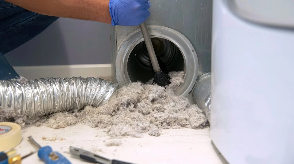Gloved hand cleaning a dryer vent hose with a brush to remove lint buildup