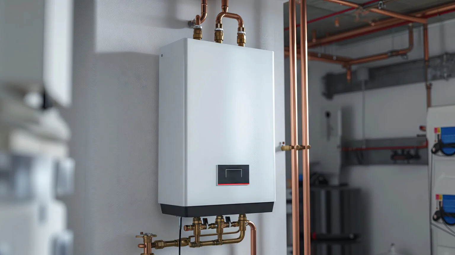 Modern tankless water heater installed on a wall in a clean utility room