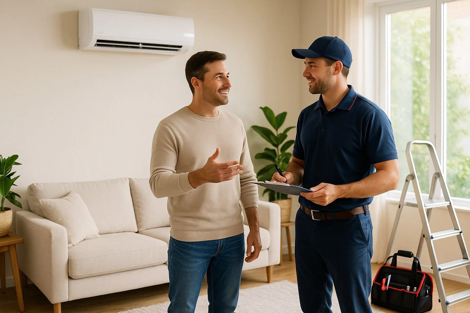 HVAC technician discussing a recently installed mini-split AC system with a homeowner