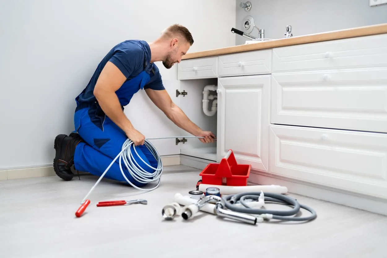 Plumber cleaning a clogged sink pipe